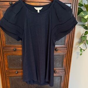 Rebecca Taylor Navy Short Sleeve Ruffle Blouse